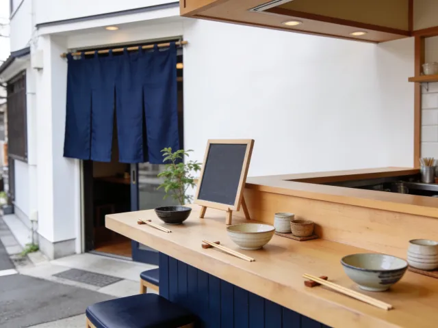 のれんの掛かった小さなお店のカウンター